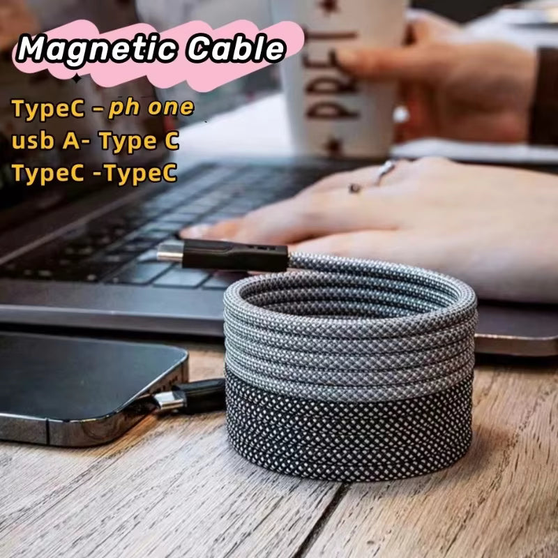 Magnetic USB-C to USB-C Cable – Tangle-Free Braided Type-C Charging & Data Cable for Easy Storage